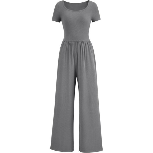 Pants - Women's Grey Summer Short Sleeve Square Neck Wide Leg Rompers Jumpsuits